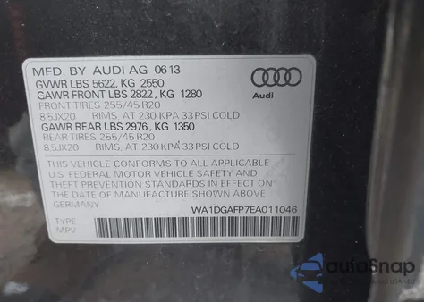 2014 Audi Q5 3.0T Premium Plus from USA, damaged, VIN WA1DGAFP7EA011046